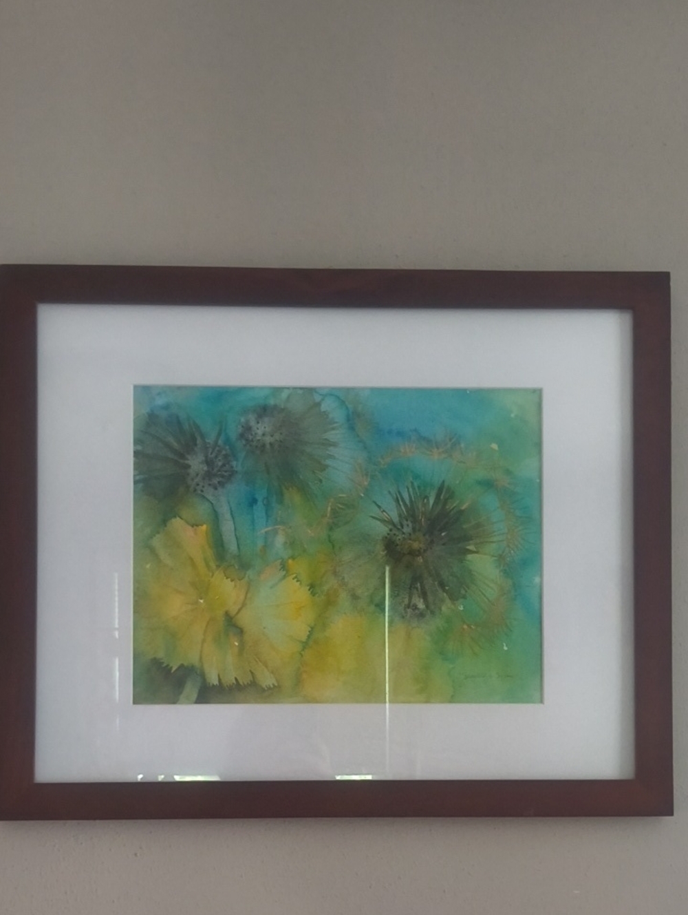 Framed Floral Watercolor Art in Teal and Yellow